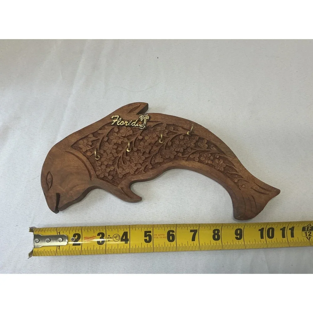 Vintage Florida Souvenir Hand Carved Wood Dolphin Key Rack Wall Mount 4 Hooks